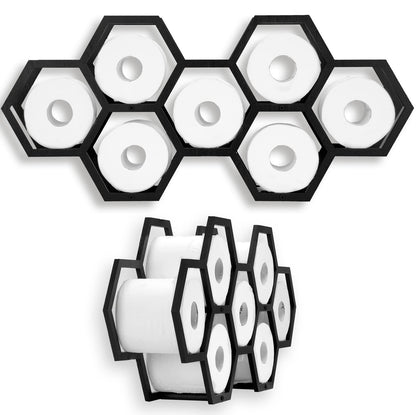 Beeveer Hold 7 Rolls Modern Floating Honeycomb Toilet Paper Holder Stand Modern Wooden Toilet Paper Storage Shelves for Tissue Honeycomb(Black)