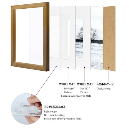Egofine 11x14 Picture Frames 4 Pack Display Pictures 5x7/8x10 with Mat or 11x14 Without Mat Made of Solid Wood Covered by Plexiglass for Table Top Display and Wall Mounting Photo Frame, Light Brown