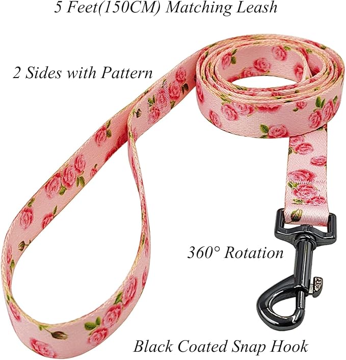 Dog Collar Leash Set, Floral Pattern, Polyester Material, Adjustable Collar and 5ft Matching Leash, for Medium Dogs.(M, Pink Rose)