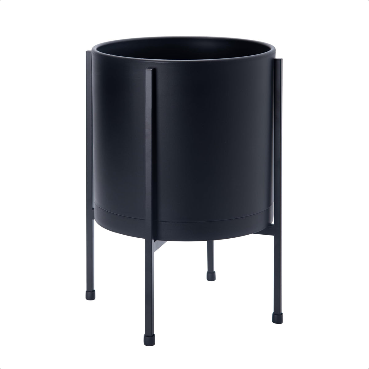 D'vine Dev 10 Inch Black Planter Pot with Stand – Modern Plastic Cylinder Flower Pot with Heavy-Duty Metal Stand for Indoor Plants, 55-D-B-2