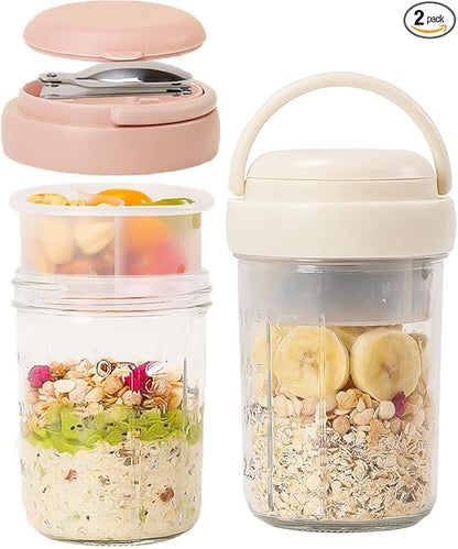 UWILLION Overnight Oats Containers with Handles, 16 oz Glass Mason Jars with Lids, Folding Spoons & Topping Compartments, Yogurt Parfait Cups for Meal Prep, Chia Pudding, Breakfast to Go, 2 Pack