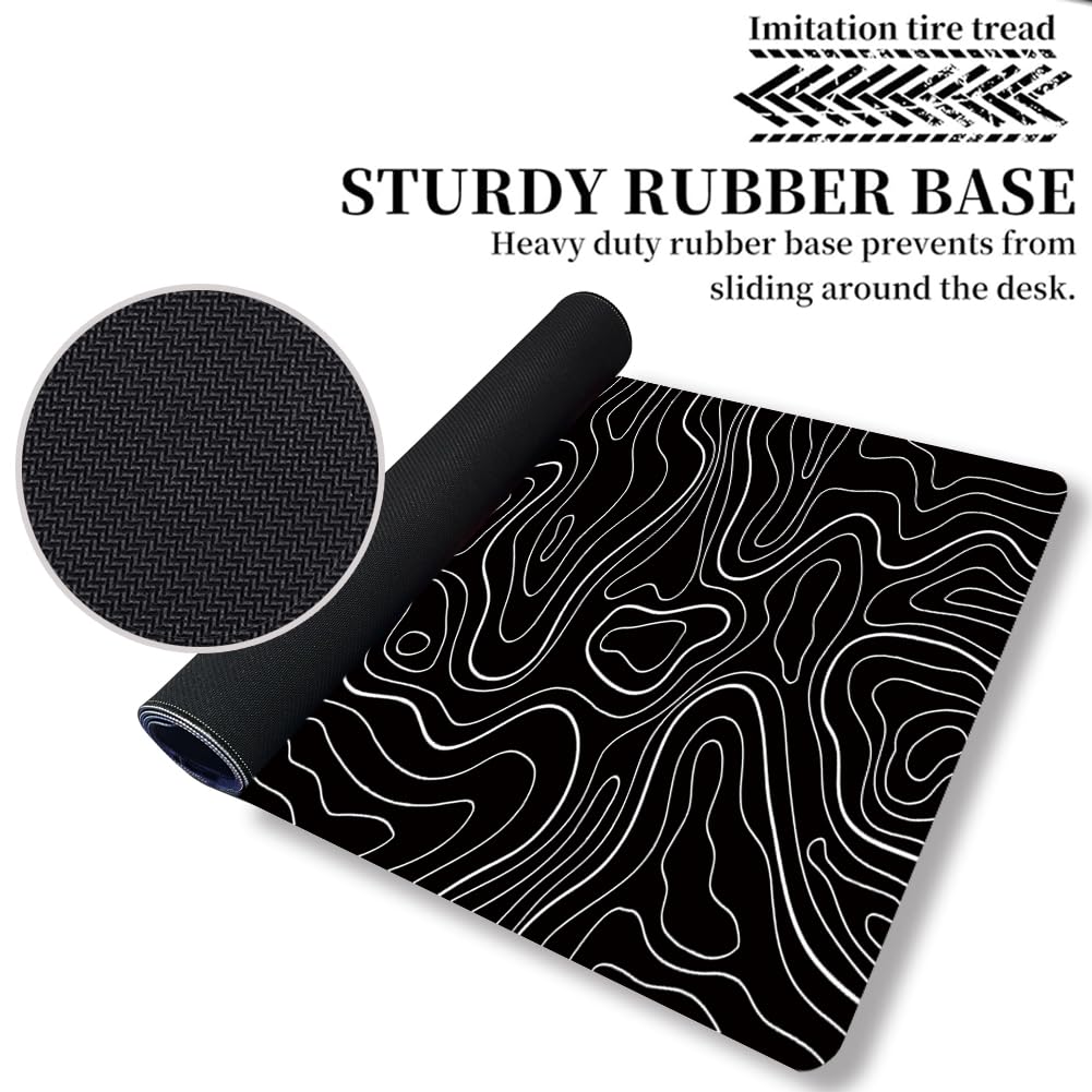 HGWALP Large Gaming TOPO Keyboard Mouse Pad Black Topographic Mouse Pad with Anti-Slip Rubber Base, Extended XXL Long Gaming Mousepad Big Mouse Pads for Desk,31.5 X 11.8 Inch