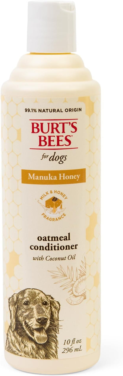 Burt's Bees for Pets Manuka Honey Oatmeal Conditioner for Dogs, Colloidal Oatmeal, 95%+ Natural Origin, No Sulfates, Parabens or Phthalates, Leaves Coat Soft & Shiny, Milk & Honey Scent, 10 Fl Oz
