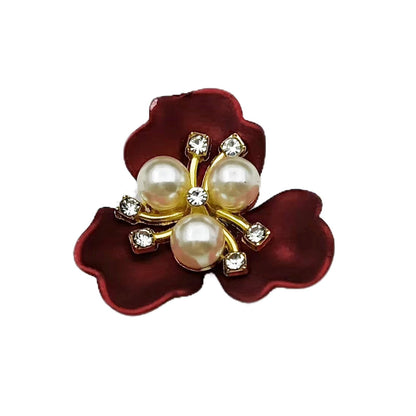 YOOGCORETT 10pcs Pearl Rhinestone Flat Back Embellishments Sew On Buttons Flower Buttons for DIY Craft, Bags Shoes Dress Decoration, 28 x 26mm, Red