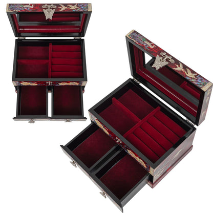 February Mountain Korean Mother of Pearl Jewelry Box – 2-Drawer Keepsake Box with Mirror, Traditional Oriental Trinket Organizer – Gift for Women, Mom, Wife, Anniversary (Crane and Pine tree - Red)