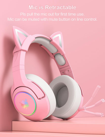 PHNIXGAM Cat Ear Gaming Cute Headset, Wired Over-Ear Headphones with Retractable Microphone, Surround Sound, LED Backlight for PS4, PS5, PC, Mobile Phone (Light Pink)