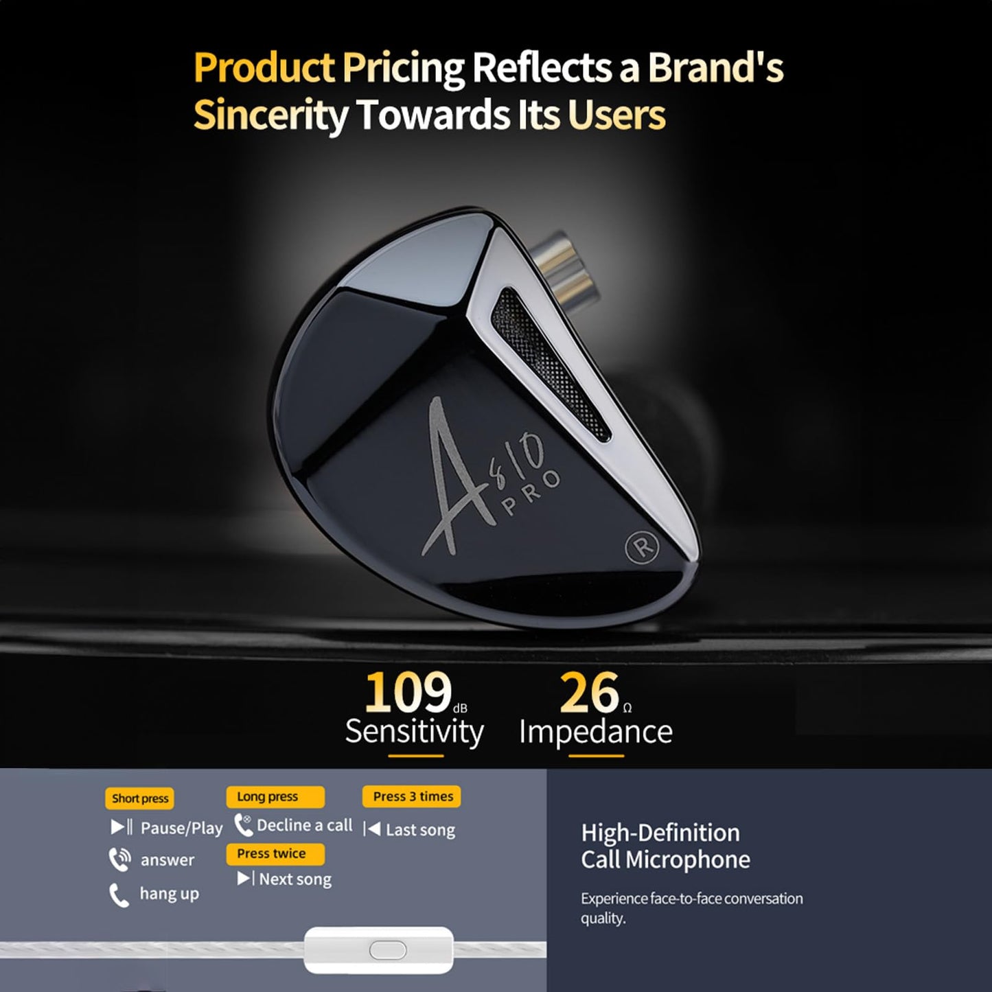 Linsoul x KZ AS10 PRO 5BA Wired Earbuds, HiFi in-Ear Earphones with Mirror Polygon Faceplate, 2 Pin Detachable Cable for Audiophile (with Mic)