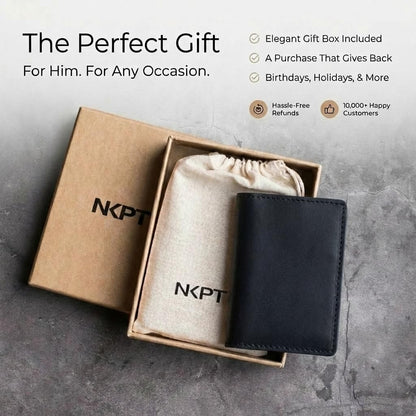 NKPT Slim Leather Credit Card Holder Wallet for Men | Full-Grain Leather, RFID Blocking, 6 Card Slots | Charcoal Gray