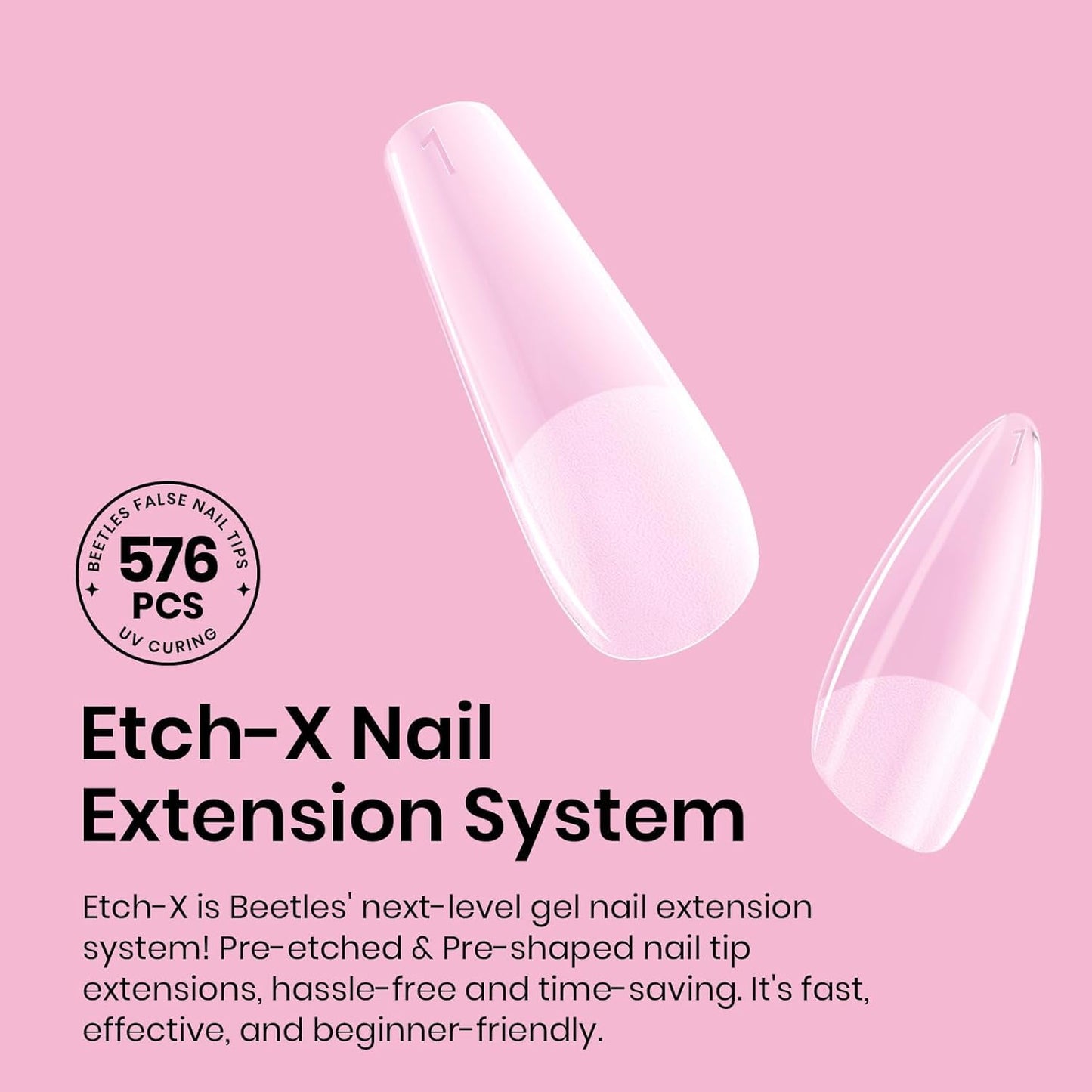 Beetles Gel Nail Kit Short Almond with Nail Dehydrator and Primer, 576Pcs Half Matte Etch-X Gel Nail Tips Solid Nail Glue Mini Nail Lamp Acrylic Nail Tips Easy DIY Nail Extension Set Gift for Women