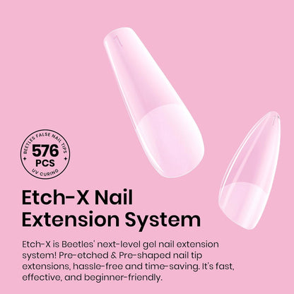 Beetles Gel Nail Kit Short Almond with Nail Dehydrator and Primer, 576Pcs Half Matte Etch-X Gel Nail Tips Solid Nail Glue Mini Nail Lamp Acrylic Nail Tips Easy DIY Nail Extension Set Gift for Women