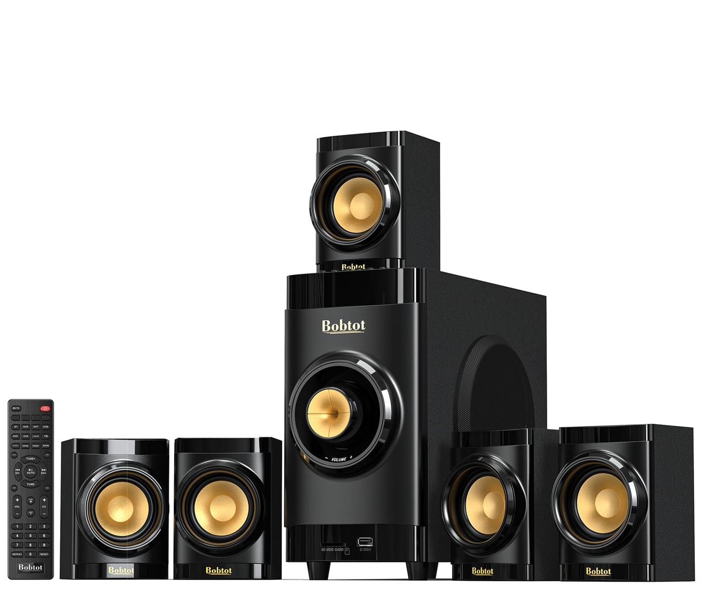 Bobtot Small Subwoofer Home Theater for TV Surround System 5 Wired Speakers Amplifier 4 inch Woofer Built-in Receiver Support ARC Optical Bluetooth Input for Projector