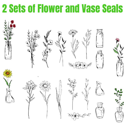 18 Pcs Stamps for Crafting, 2 Styles Plant Rubber Stamps for Crafting, Green and Black Ink Stamps, Wooden Flower