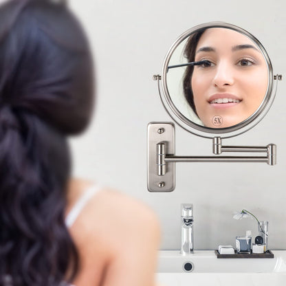 ALHAKIN 9" Wall Mounted Lighted Makeup Mirror, Large Rechargeable 1X/10X Magnifying Mirror with 3 Color Lights Dimmable, 360° Rotation, Nickel