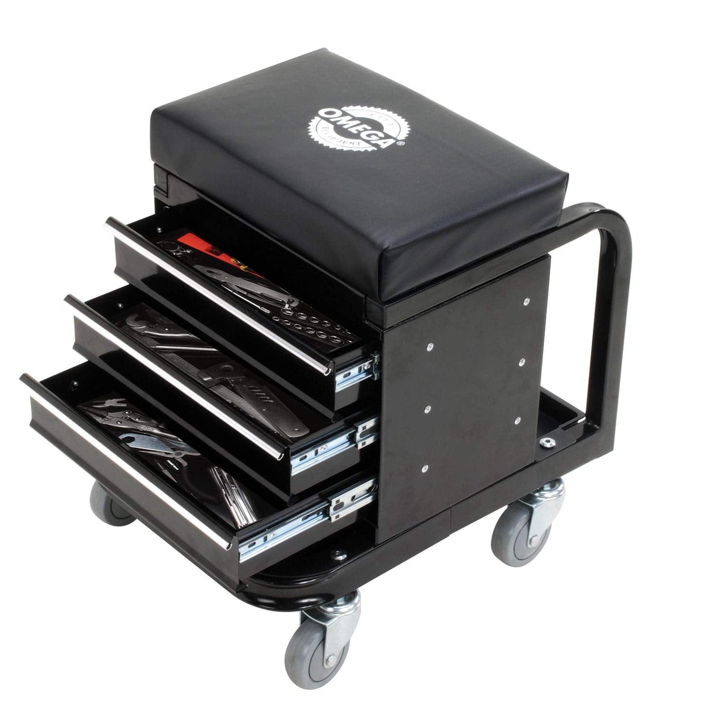 Omega-Lift Mechanic Stool with Wheels – Tool Box with Padded Chair Seat and Rolling Wheels for Garage – 450 Lbs Capacity