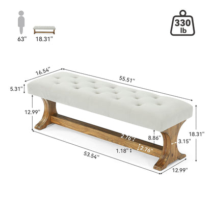 LITTLE TREE 55" Upholstered End of Bed Bench, Solid Wood Tufted Entryway Bench, Farmhouse Ottoman with Cushion for Bedroom, Foot of Bed, Living Room, Hallway, Light Gray