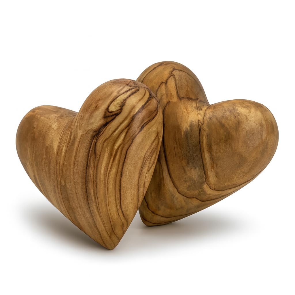 Zuluf Set of 2 Olive Wood Hearts 2 x 2 Hand Carved Wooden Heart Rustic Farmhouse Table Centerpiece Wedding Decoration Valentine Home Gift Sympathy Keepsake Made in Bethlehem w/Certificate