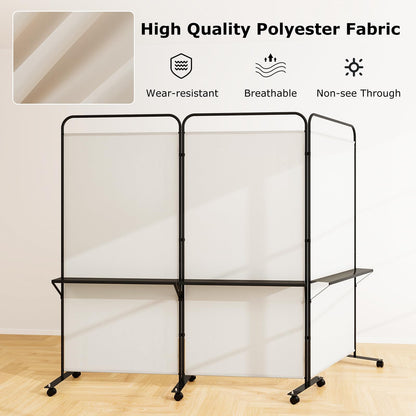 Giantex 3 Panel Room Divider with Wheels and Shelves, 103" W x 74" H Folding Privacy Screen, Rolling Partition Separator for Home Office Studio, Fabric Wall Divider for Room Separation (Beige)