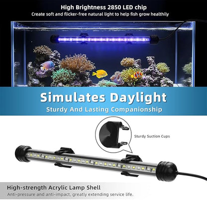 LED Submersible Aquarium Light 4W Underwater Fish Tank Light with Blue White&Blue and White Three Light Modes Timer Automatic On/Off and Dimmer Brightness Adjustable (7.5inch)