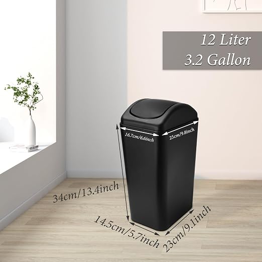 ABuff Small Lidded Trash Can, 12 Liter/3 Gallon Black Plastic Garbage Bin with Lid for Office, Bedroom, Bathroom