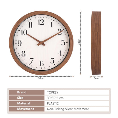 Topkey 12 Inch Round Silent Wall Clock with Wooden Hour and Minute Hands - Wood-Like Frame & White Dial for Home Office Kitchen Decor - Brown