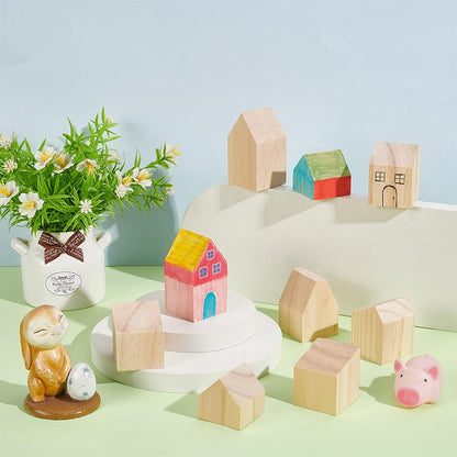 NBEADS 10 Pcs Unfinished Wooden House Shaped Blocks, Large Wood Blocks for Crafts Blank Wooden Cubes for Paint Wooden Blocks for Decoration and Christmas DIY Crafts, Burlywood
