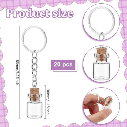 UNICRAFTALE 20Pcs Mini Glass Bottles 2ml Glass Vials with Corks Lids Clear Spell Jars with Metal Keychain Tiny Jars with Lids Message Potion Bottles for DIY Wedding Favors Party Home Decoration