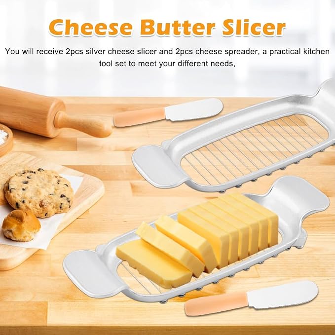2 Pcs Butter Slicer Cutter, Aluminum Alloy Multipurpose Cheese Slicer with 2pcs Cheese Spreader, Handheld Butter Cutter Single Stick Makes Cutting Cheese, Butter, Eggs Into Average