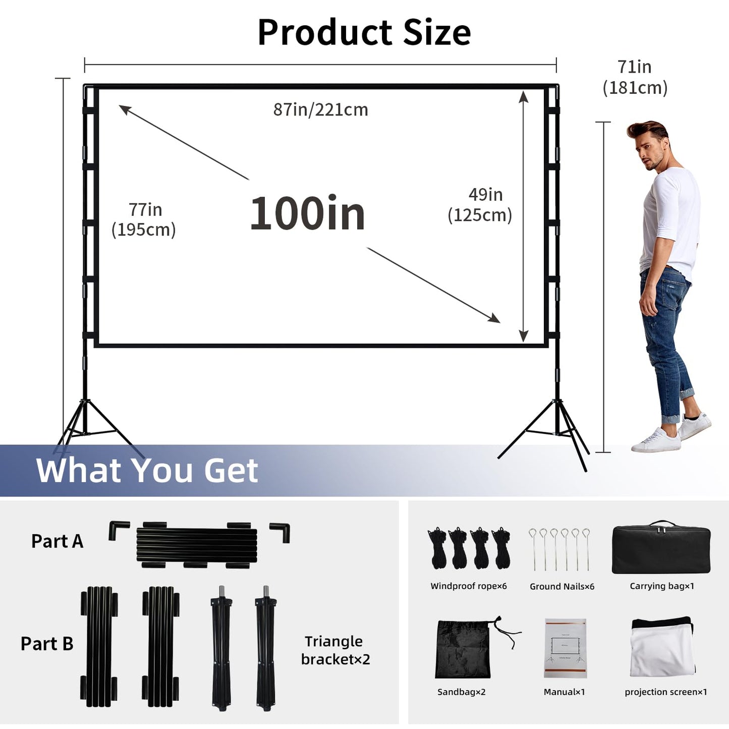 Projector Screen with Stand, Wootfairy 100 inch Foldable and Portable Projection Screen 16:9 4K HD Rear Front Wrinkle-Free Movie Screen with Carry Bag for Indoor Outdoor Home Theater Backyard Cinema