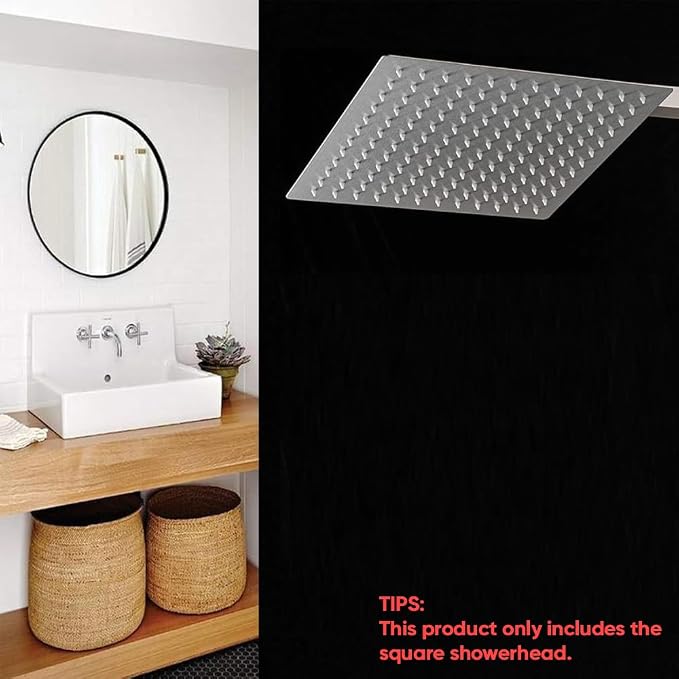 BESy 8 Inch Rain Shower Head, 8" Square Rainfall & High Pressure Stainless Steel Bath Shower Head, 1/16" Ultra Thin, Waterfall Full Body Coverage with Silicone Nozzle, Non Fingerprint Brushed Finish