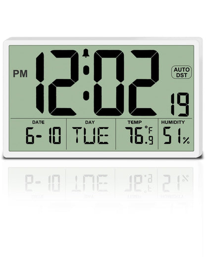 9‘’ Narrow Bezels Battery Operated Digital Wall Clock with Temperature and Humidity - Auto DST, Large 2⅝'' Digits, 5-Level Volume Alarm (3 AA Included) - Wall Mount/Desktop for Office Bedroom Kitchen