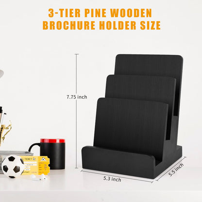 2 Pieces 6 x 9 Wood Brochure Holder 3 Tier Pamphlet Display Stand Black Brochure Display Stand Postcard Holder Flyer Holder Magazine Rack Literature Stand Book Display for Desk Booklets Menu (2)