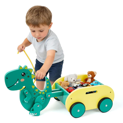 Wooden Walking Pull Along Wagon for Kids Dinosaur Toys Car Rolling Cart for Toddlers Montessori Toys Gift for 1 2 3 4 Years Old Boys Girls