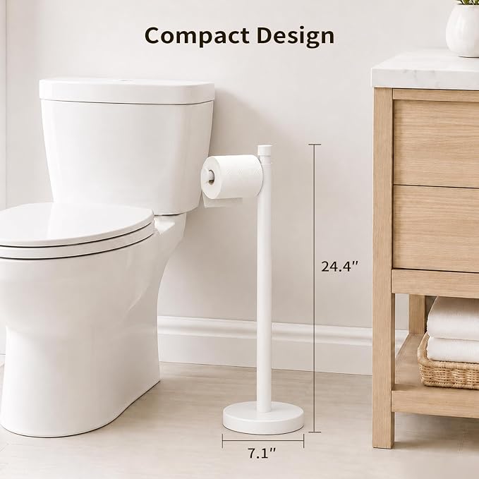 YUMORE Toilet Paper Holder Stand, Weighted Base, Matte White | Stainless Steel Design with Open-Arm Access for Bathrooms and Powder Rooms
