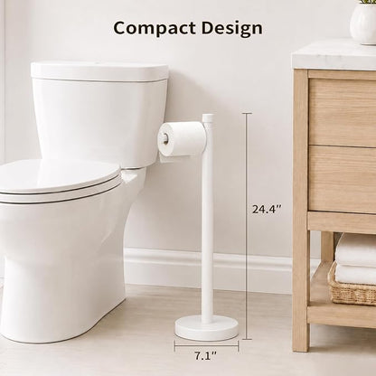 YUMORE Toilet Paper Holder Stand, Weighted Base, Matte White | Stainless Steel Design with Open-Arm Access for Bathrooms and Powder Rooms