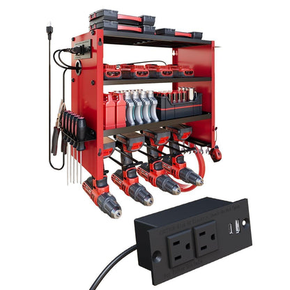 4-Tier Power Tool Organizer, Built-in 2-Outlet Charging Station for Small Garages, 400lb Capacity 12mm Steel Drill Holder & Battery Storage for DIY Home Workshops (4 Slots with 2 Outlets Power Strip)