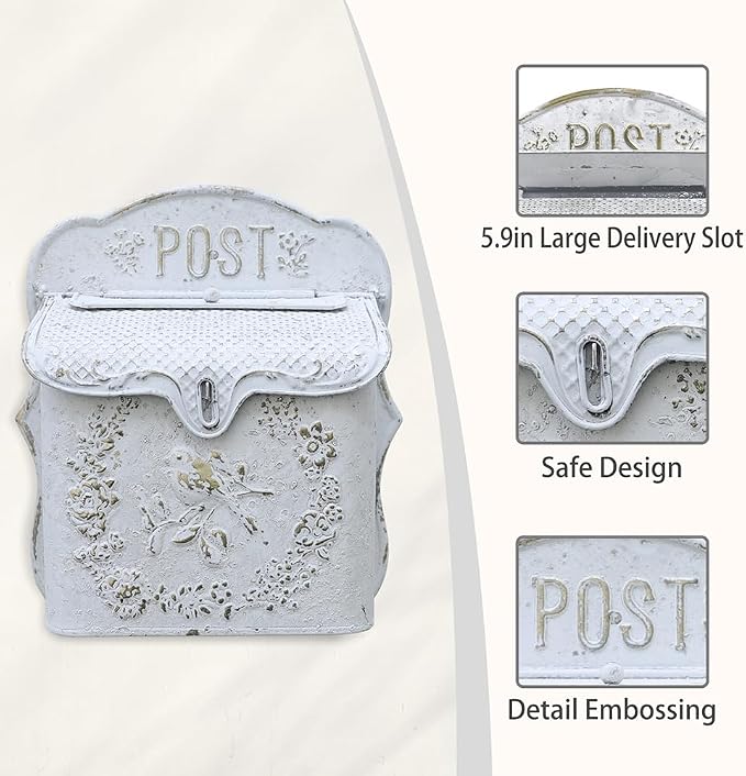 Wall Mount Mailboxes for Outside Vintage Mail Boxes for House Outside Metal Door Mailbox Drop Box Antique Style Nostalgic Charm Home Decorative, White Gray