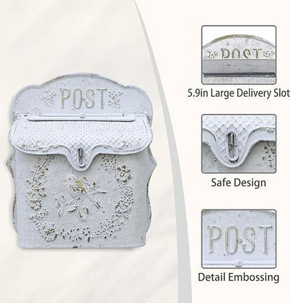 Wall Mount Mailboxes for Outside Vintage Mail Boxes for House Outside Metal Door Mailbox Drop Box Antique Style Nostalgic Charm Home Decorative, White Gray