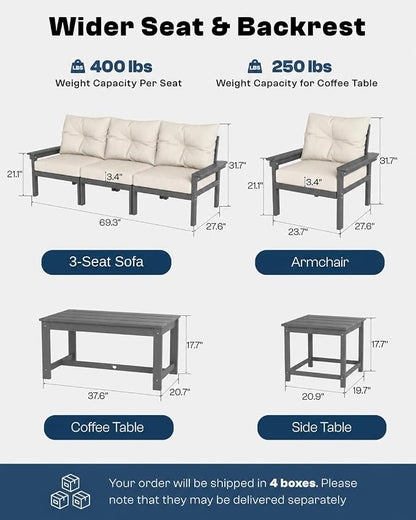 HDPE Outdoor Patio Furniture Set, 10-Piece Patio Conversation Set with 3-Seat Sofa, 4 Armchairs, 2 Side Tables & 1 Coffee Table, All-Weather Outdoor Sofa Set for Deck, Porch(Grey Frame)