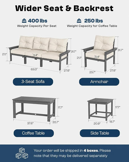 HDPE Patio Sofa Set, 3-Piece Sectional Outdoor Patio Furniture Set, All Weather Outdoor Couch Set with Beige Washable Thick Cushions for Lawn, Garden, Balcony, Porch (Grey Frame)