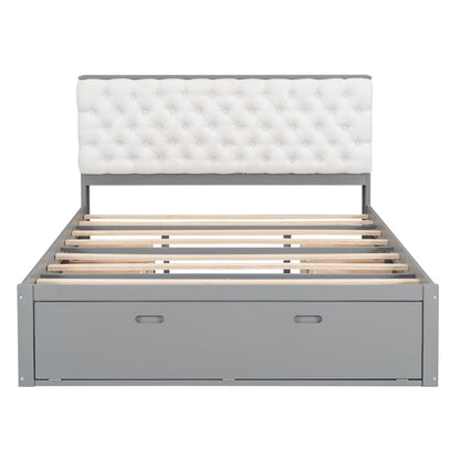 Merax Queen Size Bed Frame with Upholstered Storage Headboard, Rustic Wood Platform Bed with Four Drawers and Shoe Rack, Sturdy Wooden Slats Support, No Box Spring Needed, Easy Assembly, Gray
