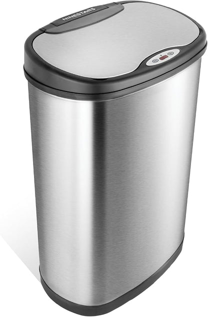 Ninestars 13 Gallon Oval Automatic Trash Can, 50L Touchless Motion Sensor Kitchen Garbage Can with Odor-Sealing Lid, Silver Stainless Steel