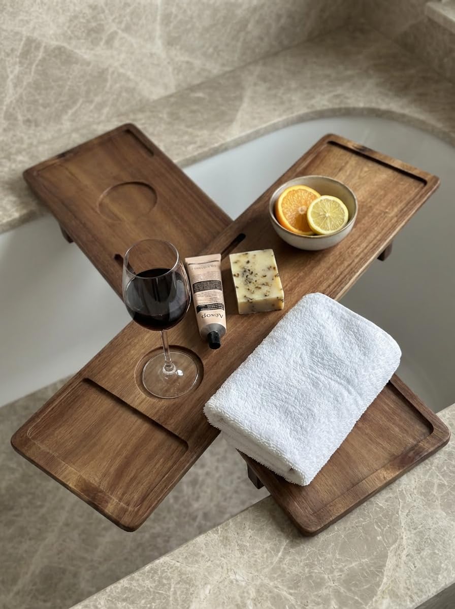 Luxury Wooden Bathub Caddy Tray - Premium Natural Acacia Bath Organizer with Wine Glass Holder, Tablet Slot and Phone Mount - Expandable Spa Board to Fit Most Tubs