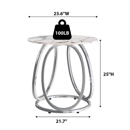 O&K FURNITURE Silver Side Table Living Room, Round End Table with Metal Frame, Modern Nightstand for Small Spaces, Bedroom, Home Office, 1PC