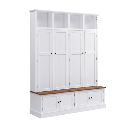 Merax Farmhouse Hall Tree with Bench and Cabinet, 4-in-1 Entryway Storage Organizer with Rack, Shoe Storage and Hooks for Mudroom, Living Room, Bedroom, White
