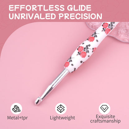 Weabetfu Crochet Hook Set 14Pcs Hand-Rubber Crochet Needles 2.25mm(B)-10mm(N) Streamline Crochet Hooks for Arthritic Hands Rose Metal Knitting Needles with Storage Case