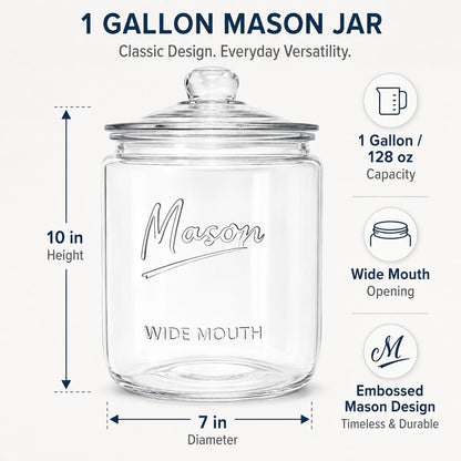 1 Gallon Mason Glass Cookie Jar with Lid – Wide Mouth Glass Storage Jar with Embossed Mason Logo, Airtight Pantry Container with Measurement Markings for Cookies, Candy, Flour & Dog Treats – Pack of 2