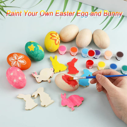Worgree Easter Egg Painting Kit, 24pcs Wooden Eggs and Bunny for Easter Crafts Basket Stuffers Gifts for Kids Toddlers Boys Girls Ages 4-8 8-12 Birthday Party Favors Classroom Prizes DIY Decor