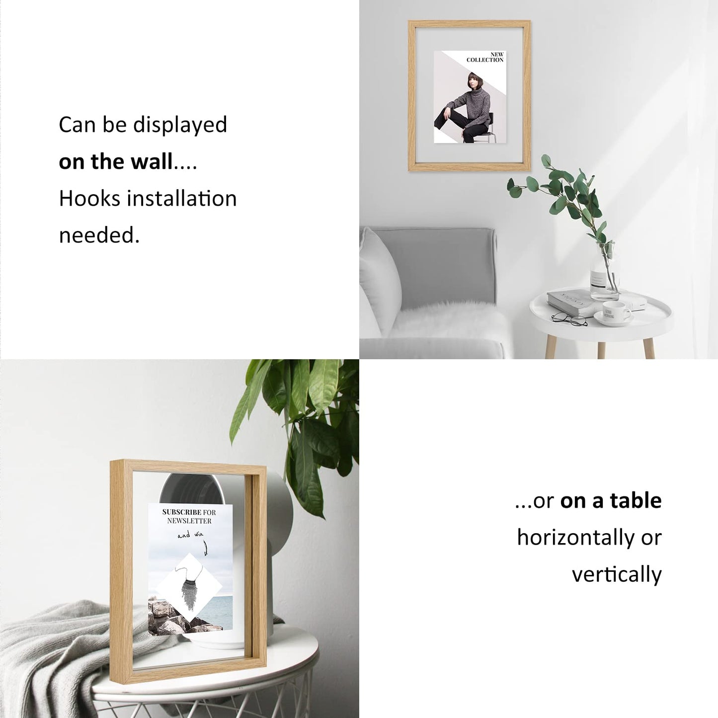 MUYE 8x10 Floating Frame Set of 2,Double Glass Rustic Photo Frame for Wall Hanging or Tabletop Standing,Display Any Size Photo up to 8x10,Natural