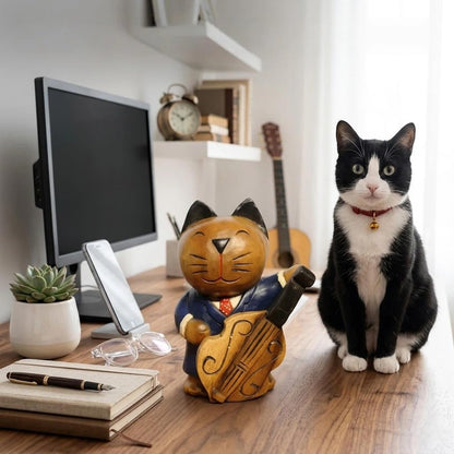 AHZGBL Wooden Cat Figurine, Hand Carved Solid Wood Cat Statue from Thailand, Whimsical Home Decor for Living Rooms, Restaurants, Bars, Cafes, Music-Themed Cat Collectibles (Cello Cat)