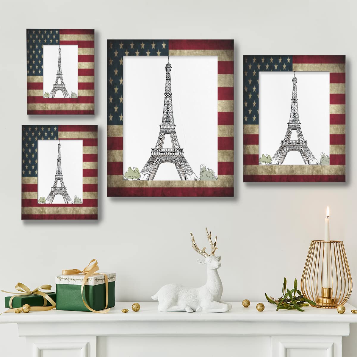 FengQuGou 4 x 6 in Picture Frame America Usa Flag, Rustic Solid Wood With Mat Wooden Photo Frames, Photo Frames for Wall Mounting or Standing Table Top Family Baby Grandma Office Hotel Decoration